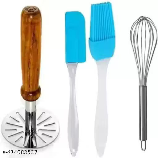 (Pack of 4) Multipurpose Non-Stick Heat Resistance Silicone. Spatula Cooking Oil Brush Set Seamless & Flexible with Egg Whisker and wooden Potato Masher Kitchen Tool Set Multicolor Kitchen Tool Set (Multicolor) Kitchen Tool Set